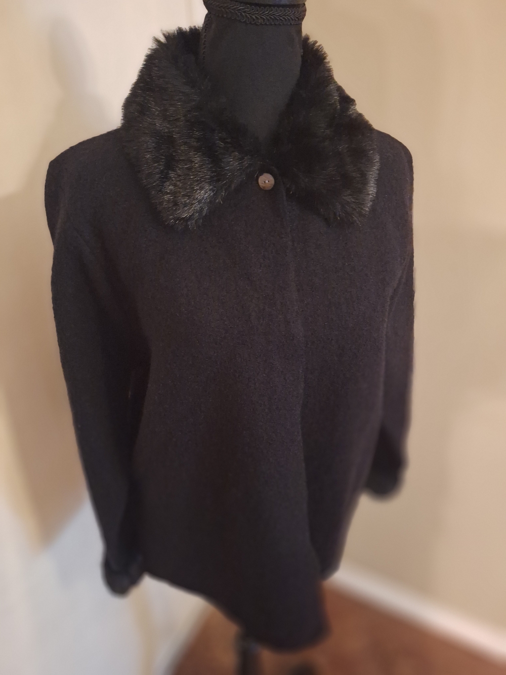 🖤 Vintage Carole Little Wool Black Faux-Fur Collar Sweater Jacket LP